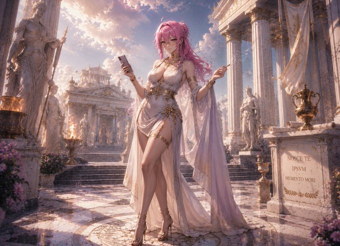An anime-style illustration depicts a pink-haired woman in an elaborate white and gold gown holding a smartphone in a classical Greek temple setting with columns and statues. A Latin inscription on a pedestal reads 'NOSCE TE IPSVM MEMENTO MORI.'