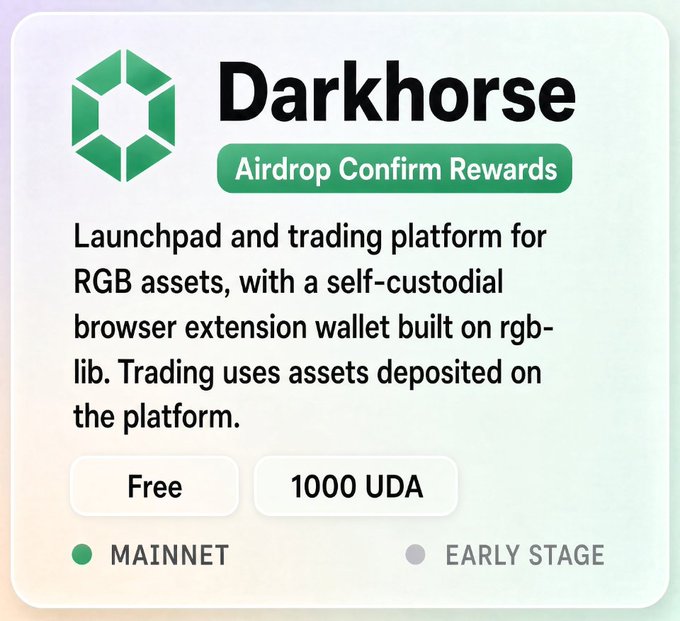 A project card titled "Darkhorse" with the subtitle "Airdrop Confirm Rewards", describing it as a launchpad and trading platform for RGB assets with a self-custodial browser extension wallet, tagged as MAINNET.