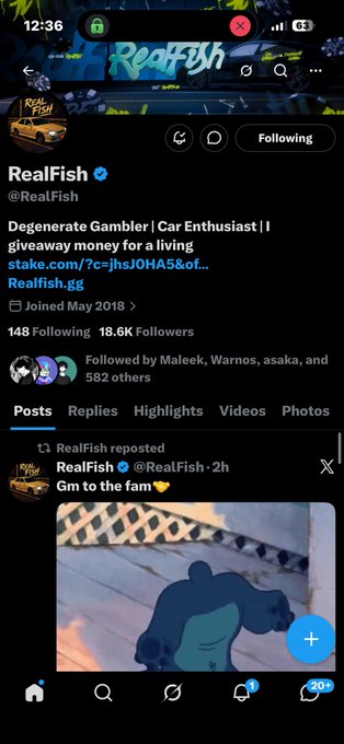 The image shows the Twitter/X profile page of "RealFish" (@RealFish), a "Degenerate Gambler | Car Enthusiast" with 18.6K followers, displaying a recent post that reads "Gm to the fam" alongside a cartoon bear image. The caption's request for a win and mention of "Hako" appears to be a desperate plea for gambling luck directed at the account, reflecting the gambler persona highlighted in the profile bio.