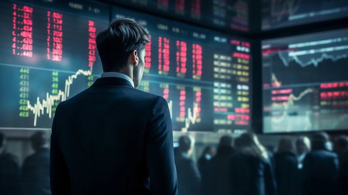 A man in a dark suit stands with his back to the camera, observing large digital screens displaying red and green financial charts, tickers, and numbers—evoking a tense trading floor atmosphere. The image visually reinforces the post's theme of market shock, illustrating how big-money players react to geopolitical events like Canada's $20B tariff response, with crypto as the first casualty and opportunity for those with dry powder.