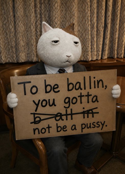 A cartoonish white and brown cat in a business suit holds a sign that reads, "To be ballin, you gotta ball in not be a pussy." The image uses humorously aggressive slang to motivate investment in the crypto ticker $KET.
