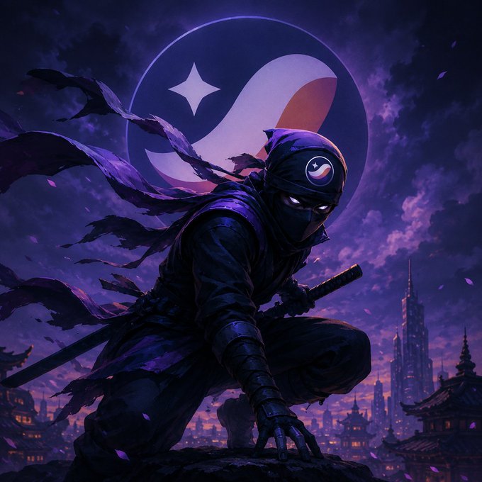 A hooded ninja crouched atop a rooftop at night, with a purple Starknet logo emblazoned behind them against a twilight cityscape, evoking themes of secrecy and stealth that align with the post's message of "Starknet, but make it private." The ninja's masked, watchful pose embodies the private, concealed nature emphasized in the tagline.