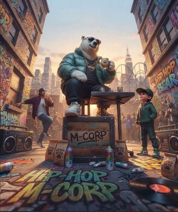 A digital artwork depicting a giant anthropomorphic bear in a green jacket and chain sitting on a crate labeled 'M-CORP' in a graffiti-covered urban hip-hop scene with spray cans and boomboxes.