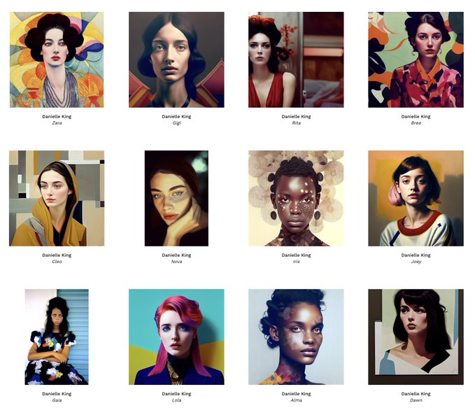 A grid of 12 AI-generated portraits of women, each labeled "Danielle King" with individual names (Zara, Gigi, Rita, Bree, Cleo, Nova, Iris, Joey, Gaia, Lola, Alma, and Dawn) beneath them, showcasing a diverse collection of stylized female faces in various artistic compositions.