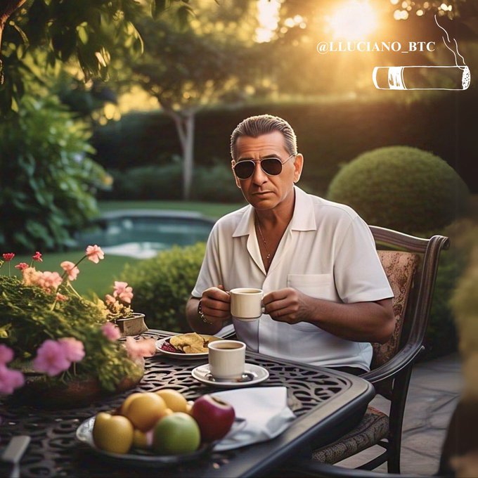 A stylishly dressed man with sunglasses enjoys coffee and fruit at a garden table during golden hour, embodying the relaxed weekend energy of the post. The watermark "@LLUCIANO_BTC" appears in the upper right, tying the serene scene to a reminder to disconnect from crypto markets and embrace a slower pace.