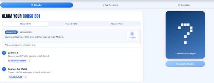 A “CLAIM YOUR CONSO BOT” page shows steps for “Connect X” and “Connect Sol Wallet,” with tabs for “Claim Bot,” “Top Bot Holders,” and “Description,” plus a wallet address and an “Open in 0h 59m 47s” button.