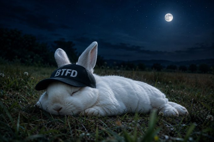 A white bunny wearing a "BTFD" cap naps in a moonlit field, capturing the post's playful spirit of rabbits "recharging" after Bitcoin's (+7%) rally toward $80K, with the "BTFD" hat nodding to the buy-the-dip mantra as the crew rests up for another hop tomorrow.