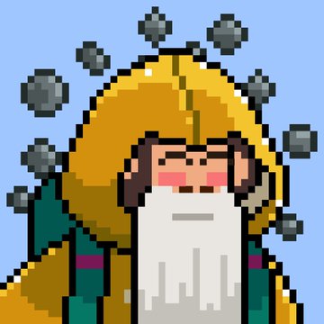 A pixel art illustration of a bearded man with closed eyes, blushing cheeks, and a large yellow hooded cloak, surrounded by floating gray rocks against a blue sky.