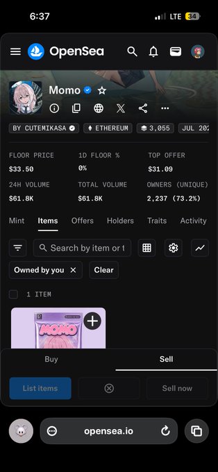 A mobile screenshot of the OpenSea NFT marketplace showing the 'Momo' collection (BY CUTEMIKASA on Ethereum) with a floor price of $33.50, 24H volume of $61.8K, 2,237 unique owners, and a buy/sell interface at the bottom.