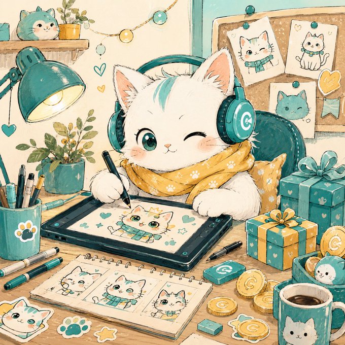 A cheerful white kitten with teal headphones and a paw-print scarf sketches CoinEx-themed cat designs on a tablet at a cozy creator desk surrounded by gift boxes, a sketchbook of cat doodles, and a branded mug with the CoinEx "C" logo. The scene captures the creative, community-driven spirit highlighted in the caption, where the CoinEx mascot becomes a personal canvas for artistic expression beyond typical crypto market imagery.
