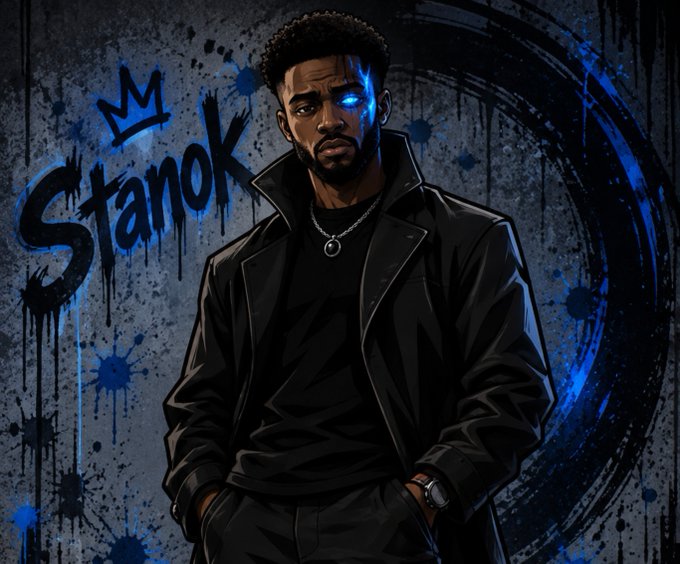 Digital artwork of a man in a black jacket with glowing blue eyes, graffiti-style text 'Stanok' and a crown on a dark background.