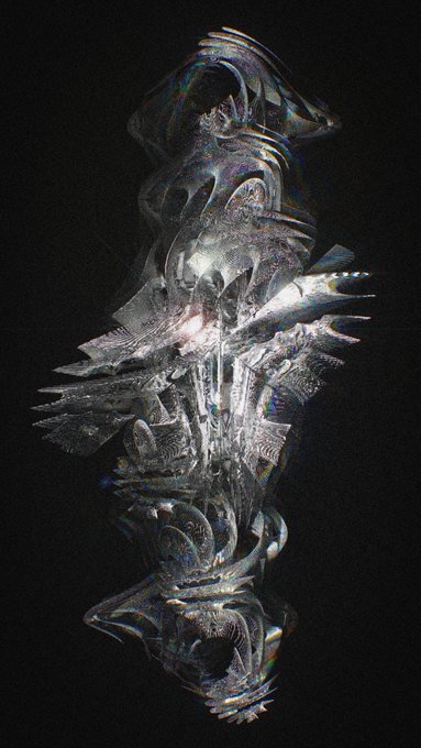 A chrome-glitched, ornate metallic sculpture emerges against a black background, its fragmented crystalline forms shimmering with iridescent rainbow reflections that echo the digital distortion suggested by the "silent symphony" caption paired with its Ethereum edition details.