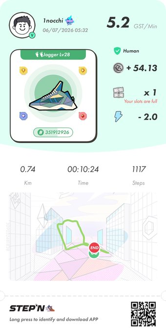 A STEPN app screenshot showing a Jogger Lv 28 sneaker NFT with stats including 5.2 GST/Min, +54.13 coin earnings, 0.74 Km distance, 00:10:24 time, and 1117 steps for user 'Inocci' dated 06/07/2026.