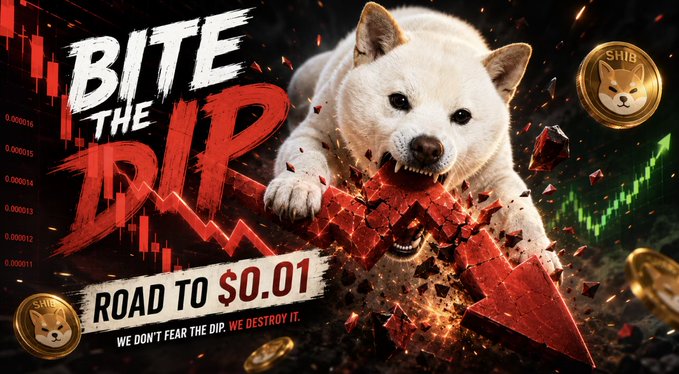 The image depicts a dog biting through an arrow that has a price chart of Bitcoin and Ethereum coins on it, with the text "Bite The Dip". The dog appears to be attacking the chart, symbolizing the negative sentiment associated with cryptocurrency investing or trading in the current market environment. ShibaInu is still active on the chart, likely representing the crypto currency market at the time when this image was taken.