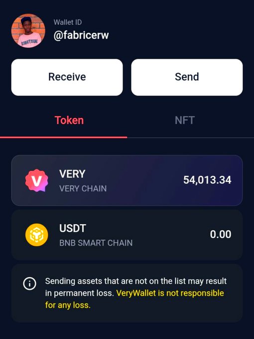 A screenshot of a VeryWallet app showing a wallet ID @fabricerw with balances of 54,013.34 VERY tokens and 0.00 USDT.