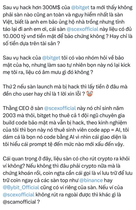 A Vietnamese social media post discussing a $300M hack of @bitget and raising concerns about @scexofficial's security and ability to protect user funds.