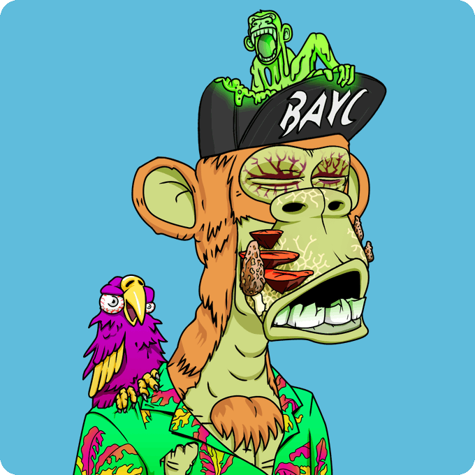 A colorful cartoon illustration of a green monkey wearing a cap labeled 'BAYC' with a small green ape on top, a purple bird on its shoulder, and a Hawaiian shirt.