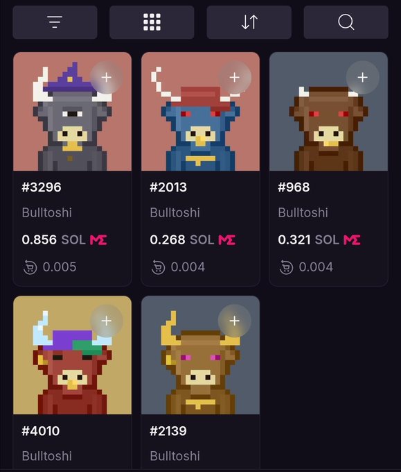 The image displays a marketplace listing of five Bulltoshi NFTs on Solana, with prices ranging from 0.268 to 0.856 SOL (IDs #3296, #2013, #968, #4010, and #2139). This relates to the post showing the user minted 20 Bulltoshi NFTs, with individual prices shown like the 0.856 SOL for #3296 illustrating the variety of floor pricing across available Bulltoshi collectibles.