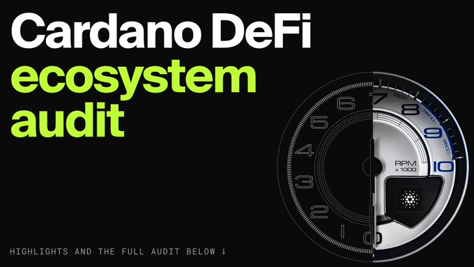 A graphic with white and green text reading 'Cardano DeFi ecosystem audit' on a black background, alongside an image of a mechanical dial/gauge and the text 'HIGHLIGHTS AND THE FULL AUDIT BELOW'.