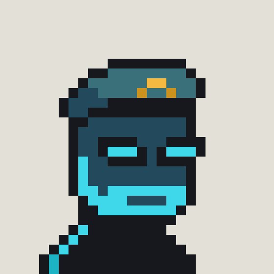 A pixel art character portrait featuring a teal hat, cyan beard, and dark sunglasses on a light background.