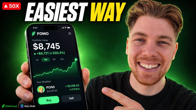 A YouTube-style thumbnail titled 'EASIEST WAY' featuring a smiling creator pointing at a phone showing the FOMO portfolio value of $8,745 with PONS up 330.4%, tagged with 50X, Robinhood, and Solana logos.