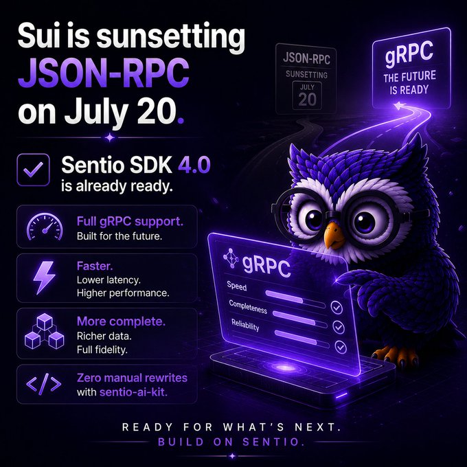 A promotional graphic featuring a purple owl wearing glasses working at a glowing laptop displays key text including "Sui is sunsetting JSON-RPC on July 20," "JSON-RPC SUNSETTING JULY 20," and "gRPC THE FUTURE IS READY," alongside feature highlights for "Sentio SDK 4.0" offering full gRPC support, faster performance, and zero manual rewrites. The image visually reinforces the announcement's message about migrating from JSON-RPC to gRPC, with the prepared owl mascot symbolizing developers getting ahead of the July 20 deadline.