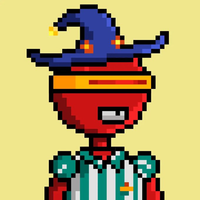 A pixel art illustration of a character with a red head, wearing a blue wizard hat with a star, on a yellow background.