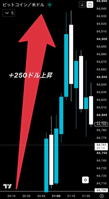 A candlestick chart of Bitcoin/USD (BTC) shows a price increase from approximately $64,700 to $64,950, marked with a large red upward arrow and "+250ドル上昇" (a $250 rise). The chart aligns with the post's claim of Bitcoin rising from $64,700 to $64,950, visually emphasizing the upward price movement.