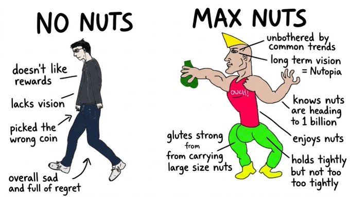 A humorous infographic comparing 'NO NUTS' (a sad, hunched figure who picked the wrong coin) versus 'MAX NUTS' (a muscular 'Nutopia' character with strong glutes who knows nuts are heading to 1 billion).