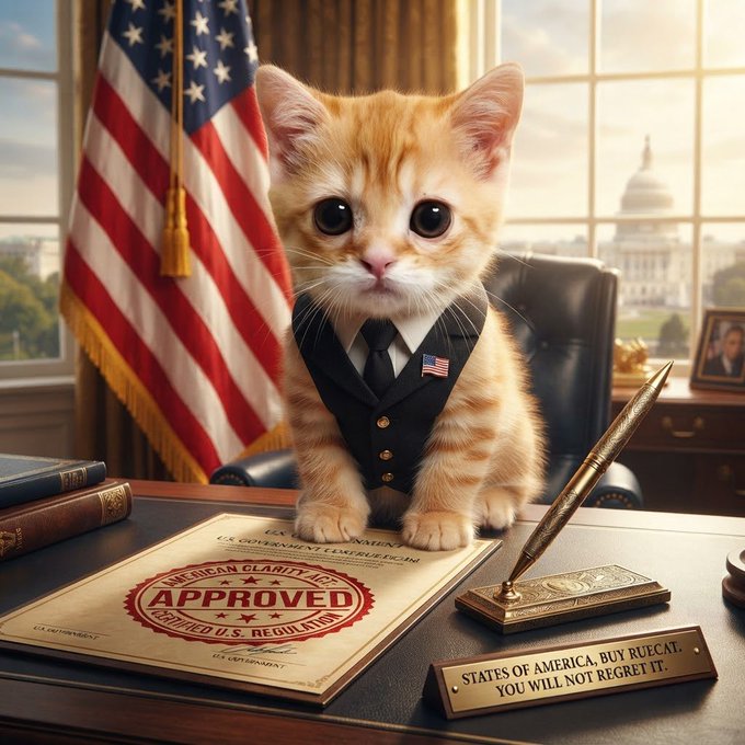 A digital illustration depicts a cute orange tabby kitten dressed in a tiny suit and tie, sitting at a desk in front of the U.S. Capitol building with a document marked 'APPROVED' and a plaque reading 'STATES OF AMERICA, BUY RUECAT. YOU WILL NOT REGRET IT.'