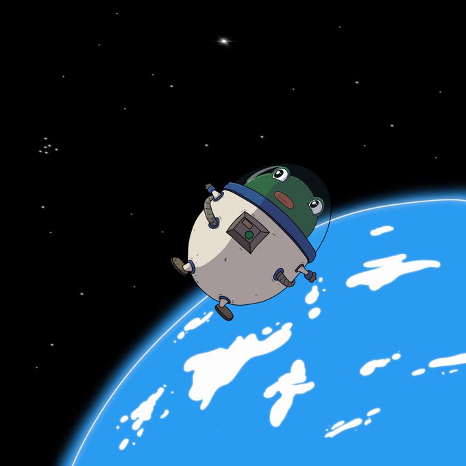 A cartoon-style illustration of a small round character wearing a green hat and spacesuit floating in space above a blue planet with white cloud-like shapes.