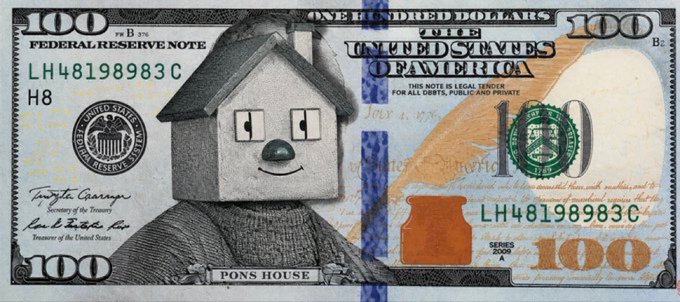 The image humorously shows a $100 bill with the Federal Reserve portrait replaced by a cartoon dog's head inside a doghouse labeled "PONS HOUSE," playing on the idea that this absurd, photoshopped currency could somehow be "legal tender" in the United States of America.