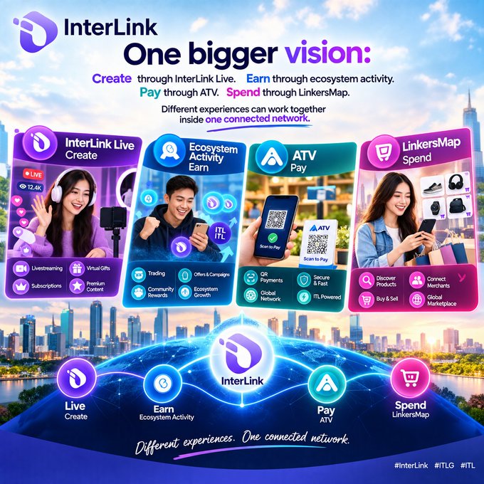 A promotional graphic for 'InterLink' titled 'One bigger vision:' showcasing four services: InterLink Live (Create), Ecosystem Activity (Earn), ATV (Pay), and LinkersMap (Spend).
