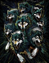 A dark fantasy artwork depicting a pack of snarling wolves with glowing eyes emerging from a shadowy forest, by artist T. Lascko.