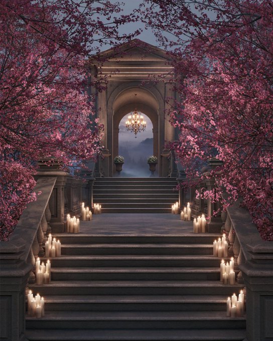 An atmospheric staircase lined with candles leads to an archway with a chandelier, framed by blooming pink cherry blossoms.