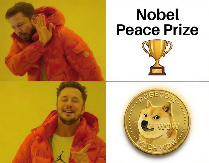 The image is a Drake meme showing him first rejecting the "Nobel Peace Prize" trophy, then approving a gold Dogecoin coin with the text "DOGECOIN - WOW MUCH WOW." The post humorously implies that Dogecoin ($DOGE) is a far better achievement than prestigious awards like the Nobel Peace Prize.