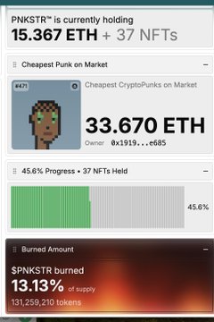 A digital dashboard shows an account 'PNKSTR' holding 15.367 ETH and 37 NFTs, featuring CryptoPunk #447 listed as the cheapest at 33.670 ETH, with $PNKSTR burn progress at 13.13%.