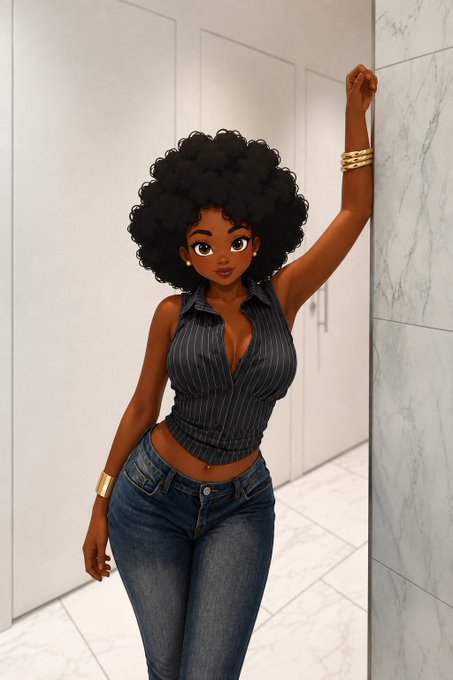 A digital illustration of a woman with curly hair wearing a pinstriped vest and jeans, standing in a modern white interior.