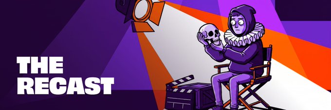 A graphic titled 'THE RECAST' features a purple illustration of a figure in a jester collar sitting in a director's chair holding a skull, with a stage light and clapperboard.