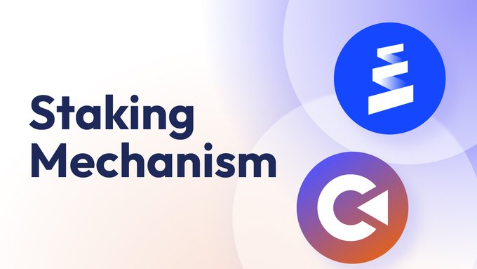 A promotional graphic titled 'Staking Mechanism' featuring two circular logos with stylized 'S' and 'C' symbols on a purple and blue gradient background.