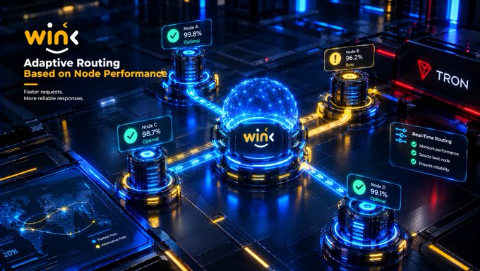 A digital infographic for 'Wink' advertises 'Adaptive Routing Based on Node Performance' with illustrations of connected nodes (A 99.8%, B 96.2%, C 98.7%, D 99.1%) and references to Tron blockchain, highlighting 'Real-time Routing' features.
