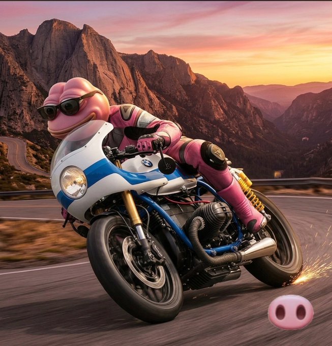 A surreal image of a pink Peppa Pig-like character wearing sunglasses and a pink racing suit, riding a blue and white BMW motorcycle on a mountain road at sunset.