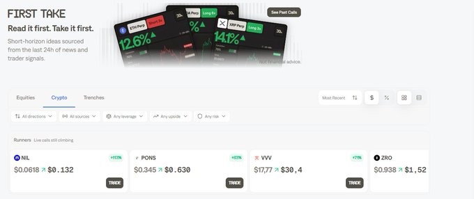 A screenshot of a financial dashboard titled "FIRST TAKE - Read it first. Take it first." showing crypto market data with live calls, including tickers NSL, PONS, VVV, and ZRO with their current and target prices.