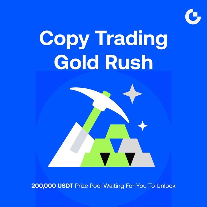 The image is a promotional graphic for a "Copy Trading Gold Rush" campaign, featuring a blue background with an illustration of a pickaxe and stacked green and silver bars, along with text highlighting a "200,000 USDT Prize Pool Waiting For You To Unlock." The accompanying post elaborates on the campaign's tiered rewards of up to 500 USDT per user for hitting copy-trade targets, which aligns with the "gold rush" mining imagery used to represent the opportunity to unlock prize pool rewards through copy trading.
