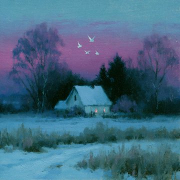 A serene painting depicting a small snow-covered house in a winter landscape at twilight, with pink and purple hues in the sky and several white birds flying above the trees.