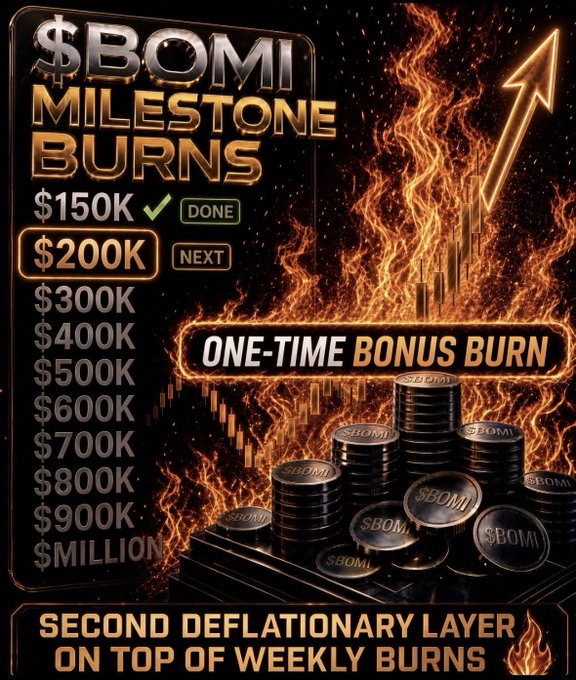 A promotional graphic titled '$BOMI MILESTONE BURNS' listing milestones from $150K DONE, $200K NEXT, up to $1 MILLION, advertising a 'ONE-TIME BONUS BURN' as a 'SECOND DEFLATIONARY LAYER ON TOP OF WEEKLY BURNS'.