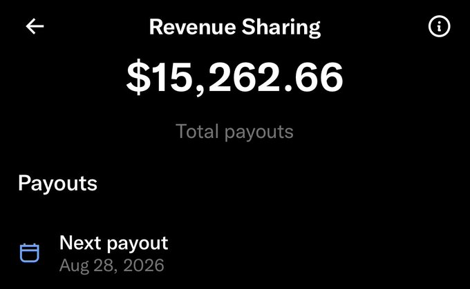 A mobile screenshot displays a "Revenue Sharing" page showing total payouts of $15,262.66, with the next payout scheduled for Aug 28, 2026, aligning with the Vietnamese caption's excitement about receiving payment in about another week.