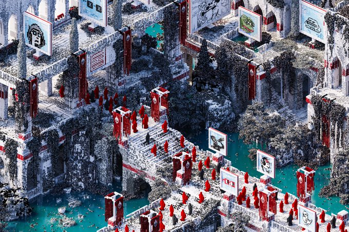 A detailed fantasy illustration of an elaborate stone castle or labyrinth complex with snow-covered bridges, red banners, red cloaked figures, and floating framed images over teal water.