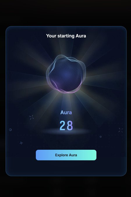 A dark-themed dashboard titled "Your starting Aura" showing a score of 28 with an "Explore Aura" option. This reflects the user's initial Kaito Aura score of 28, visually representing their early presence on the platform's new Pulse social layer.