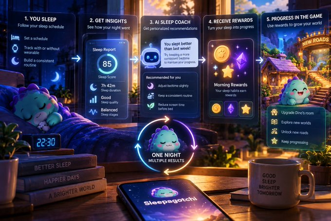 An infographic for an app called "Sleepagotchi" detailing a 5-step sleep tracking cycle, featuring illustrations of a bedroom and a cute blue character.